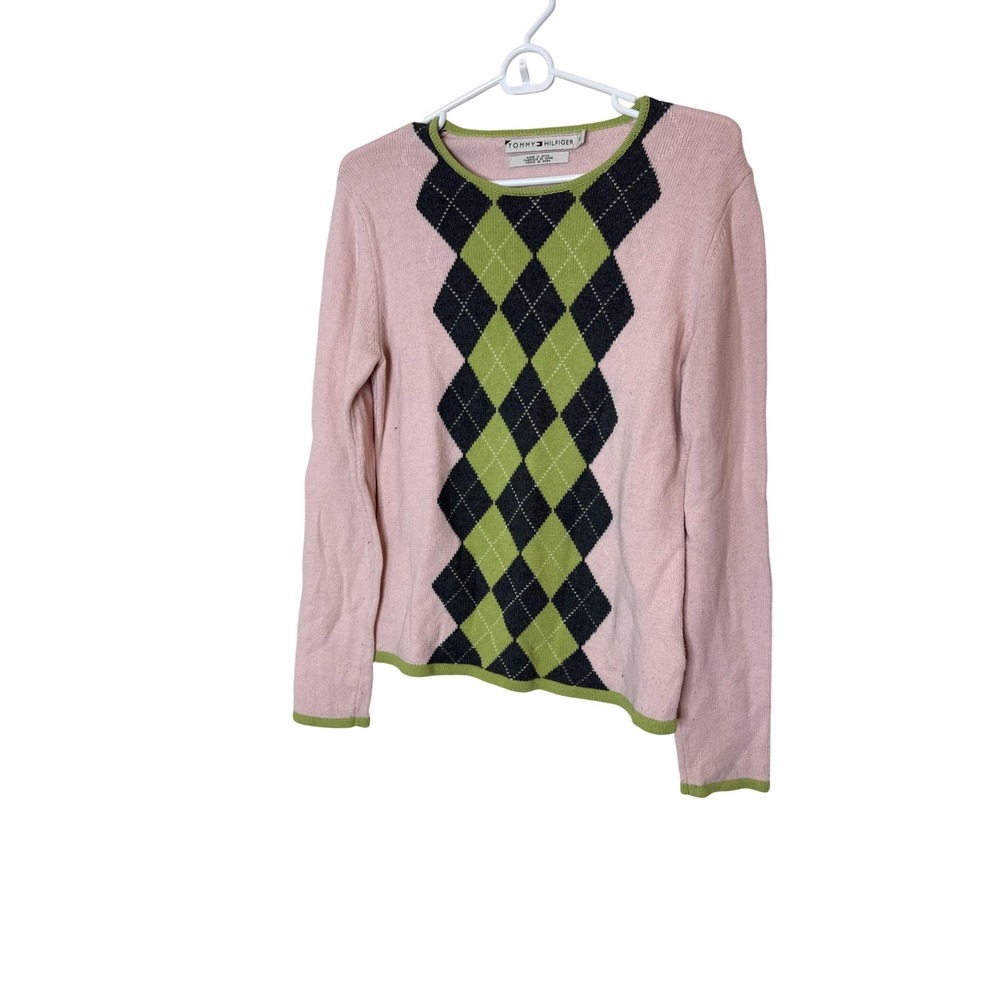 Vintage Tommy Hilfiger Sweater Womens Medium Pink Argyle Crewneck Knit Preppy